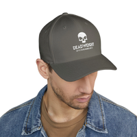 DailyThreadCo. structured flexfit cap in grey with a distressed skull embroidery and text on the front.