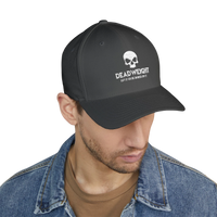 DailyThreadCo. structured flexfit cap in dark grey with white distressed skull embroidery and text on the front.