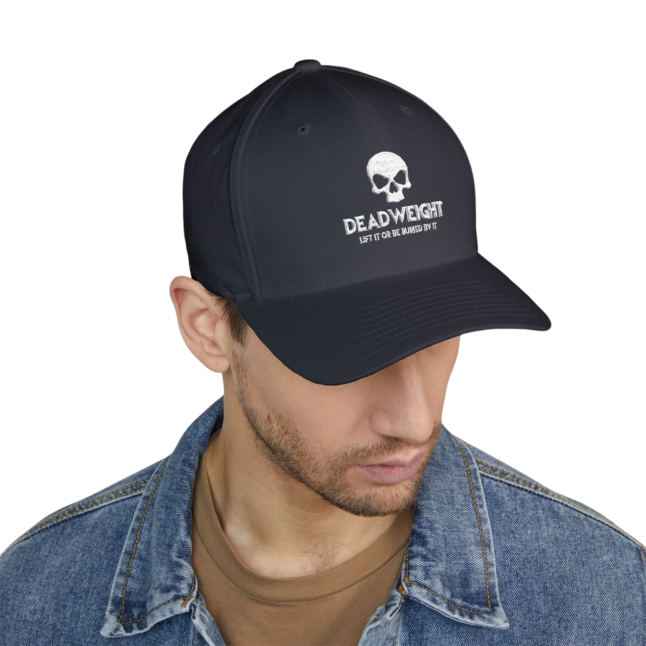 DailyThreadCo. structured flexfit cap featuring a distressed skull embroidery and text on a dark navy fabric.