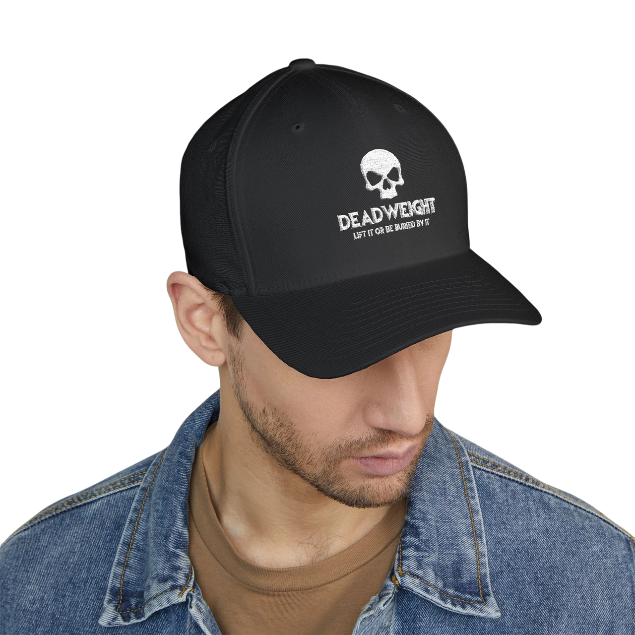 DailyThreadCo. black Flexfit cap featuring a distressed skull embroidery and Deadweight text on a model.