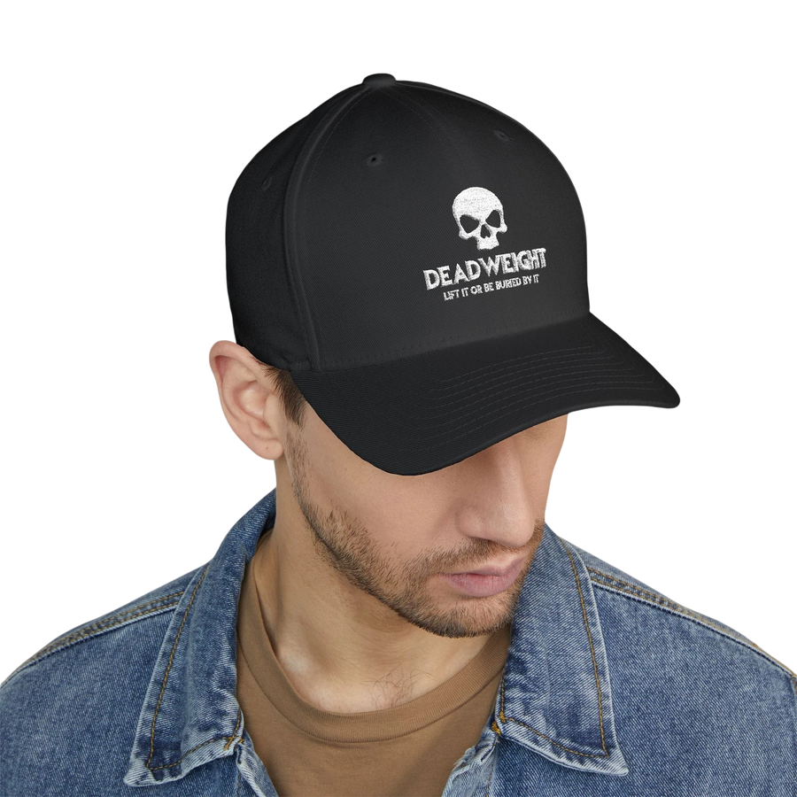 DailyThreadCo. black Flexfit cap featuring a distressed skull embroidery and Deadweight text on a model.