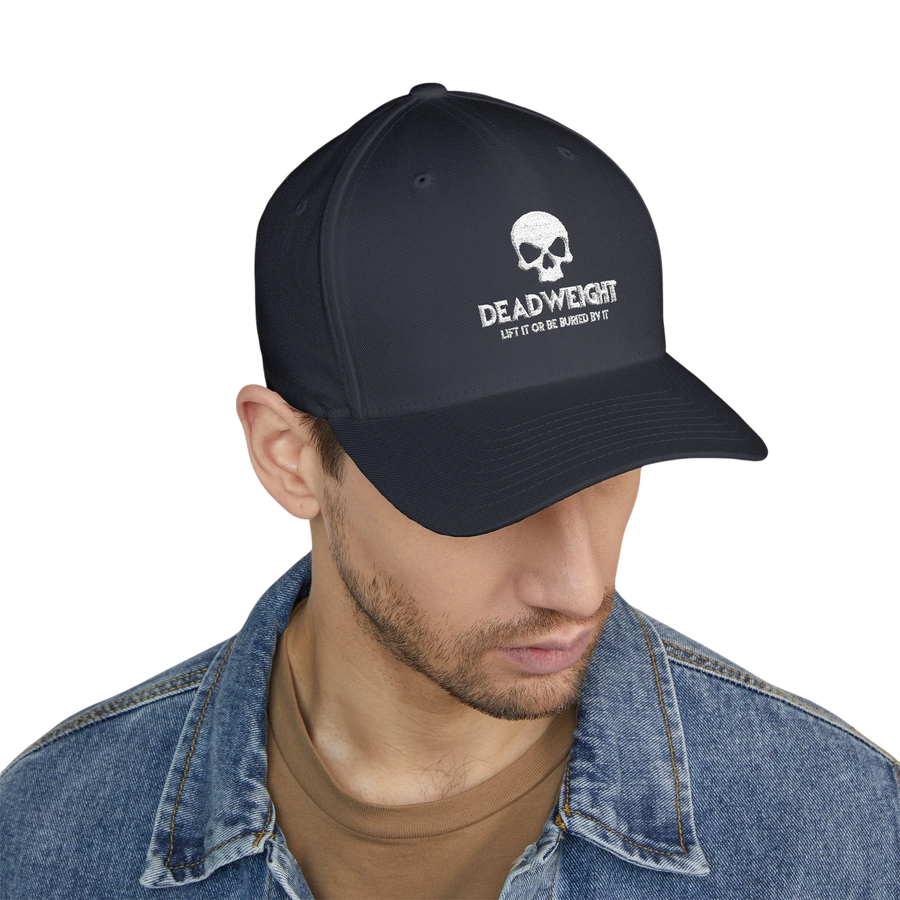 DailyThreadCo. structured flexfit cap featuring a distressed skull embroidery and text on a dark navy fabric.