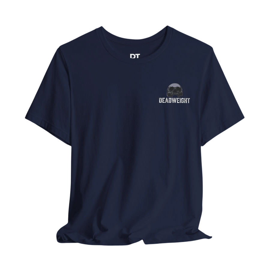 DailyThreadCo. navy blue 100% cotton t-shirt with distressed skull graphic and "DEADWEIGHT" text on chest.