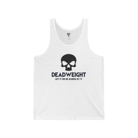 DailyThreadCo. white fitness tank top with a black skull graphic and Deadweight text for gym and workout wear.