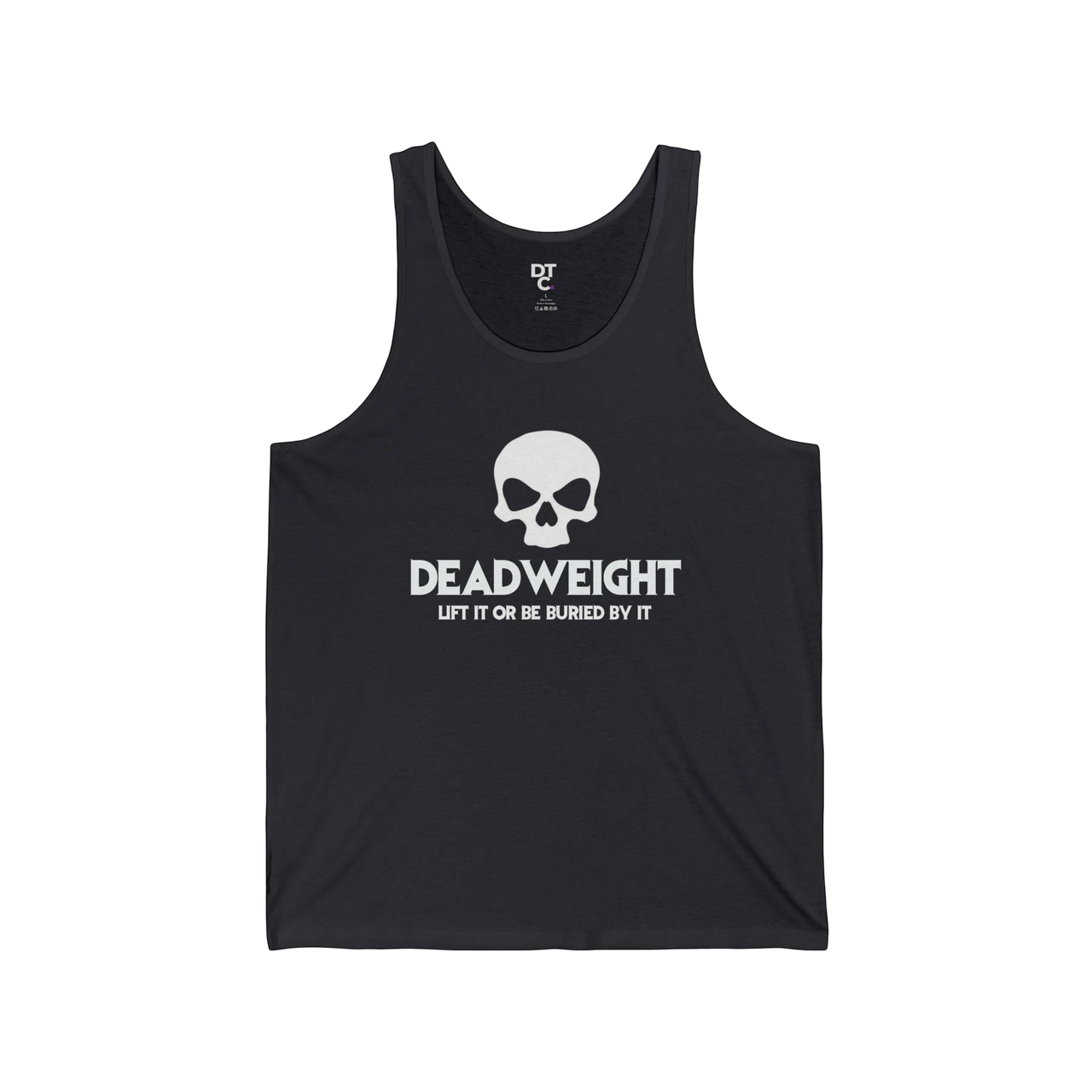DailyThreadCo. black cotton fitness tank top featuring a white skull graphic and Deadweight text on the chest.