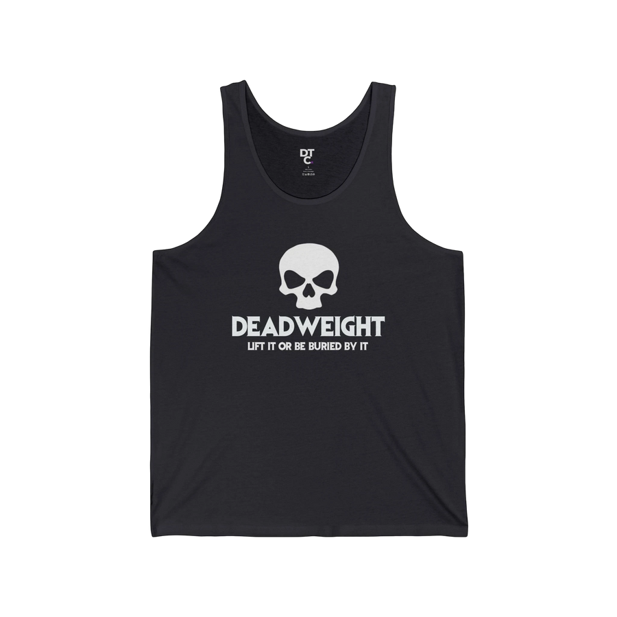 DailyThreadCo. black cotton fitness tank top featuring a white skull graphic and Deadweight text on the chest.