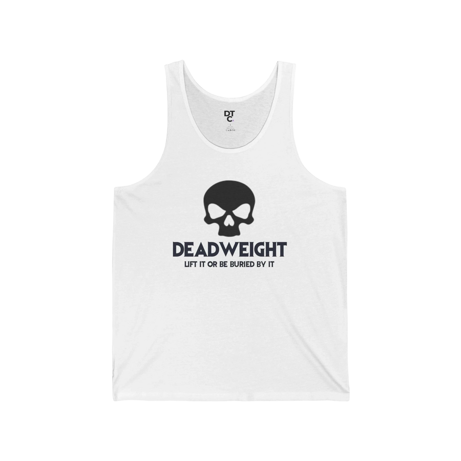 DailyThreadCo. white fitness tank top with a black skull graphic and Deadweight text for gym and workout wear.