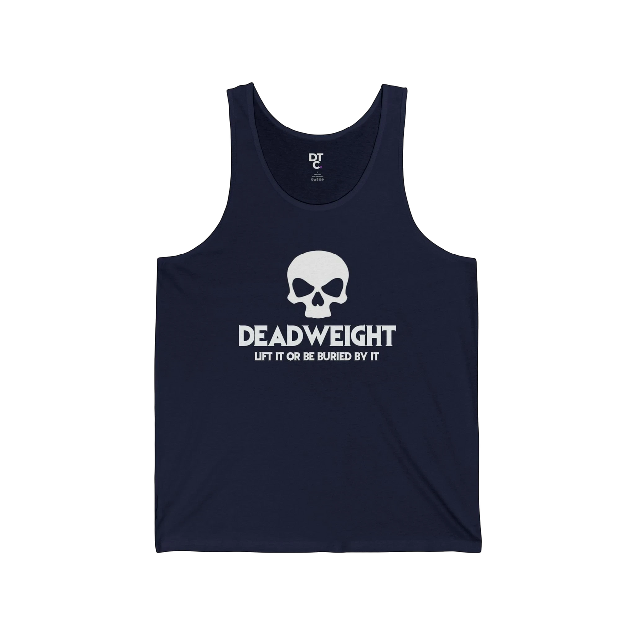 DailyThreadCo. navy blue cotton fitness tank top featuring a white skull graphic and Deadweight text on the chest.