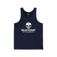 DailyThreadCo. navy blue cotton fitness tank top featuring a white skull graphic and Deadweight text on the chest.