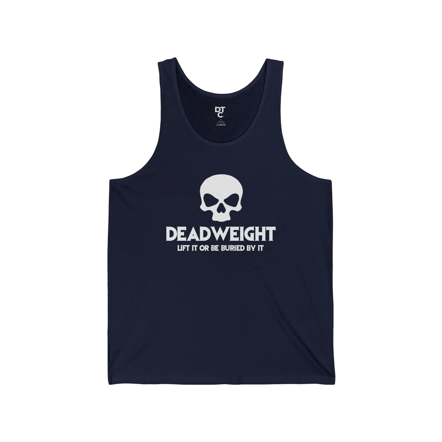 DailyThreadCo. navy blue cotton fitness tank top featuring a white skull graphic and Deadweight text on the chest.