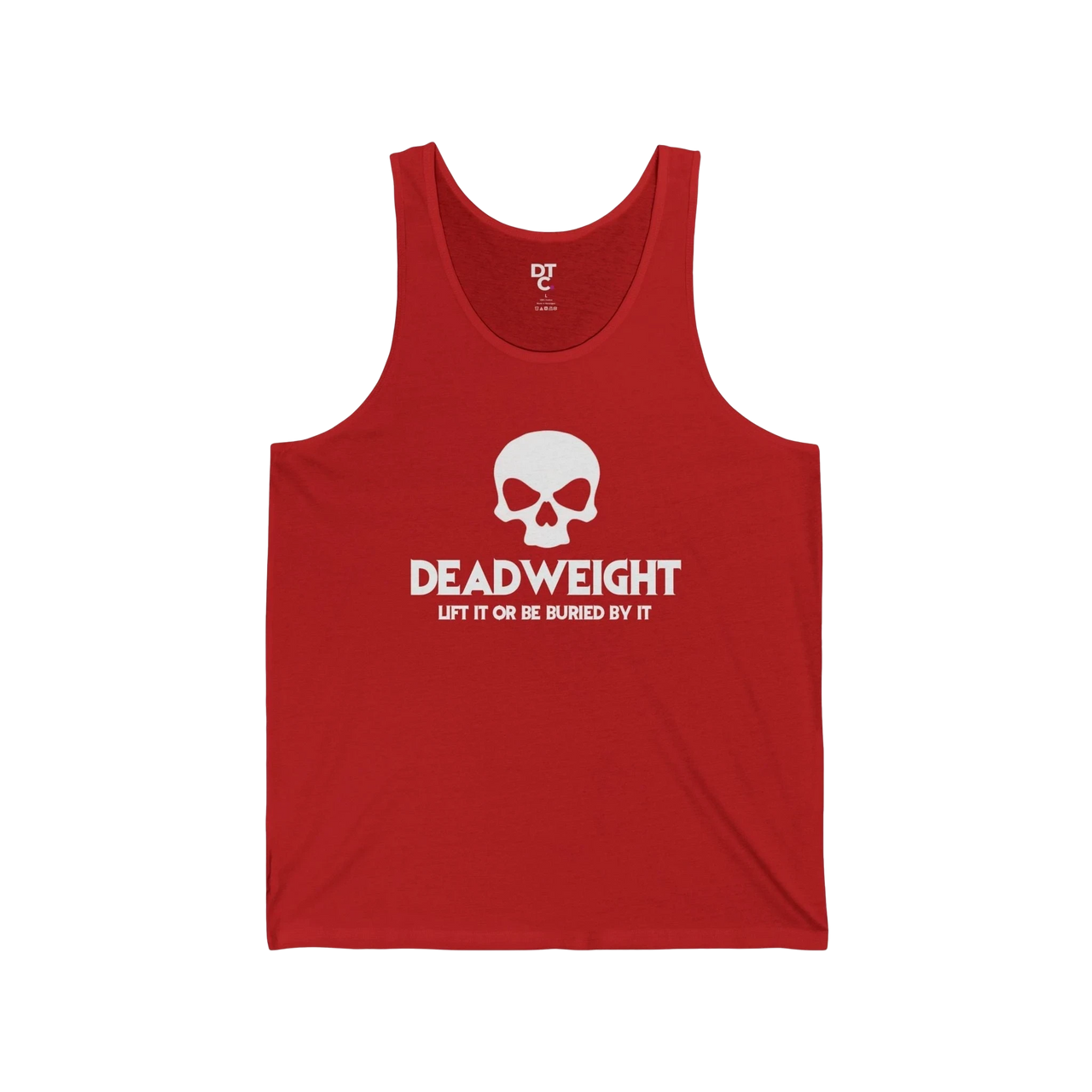DailyThreadCo. red fitness tank top with white skull graphic and Deadweight text for gym and workout wear.