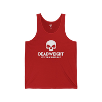 DailyThreadCo. red fitness tank top with white skull graphic and Deadweight text for gym and workout wear.
