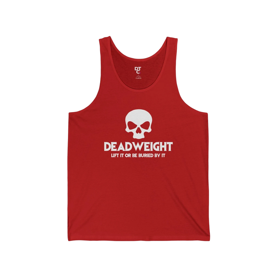 DailyThreadCo. red fitness tank top with white skull graphic and Deadweight text for gym and workout wear.