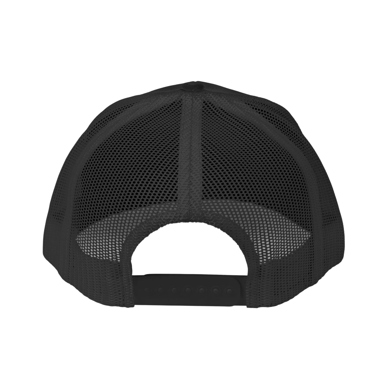 DailyThreadCo. black trucker cap with breathable mesh back and adjustable snap closure for fitness and gym wear.