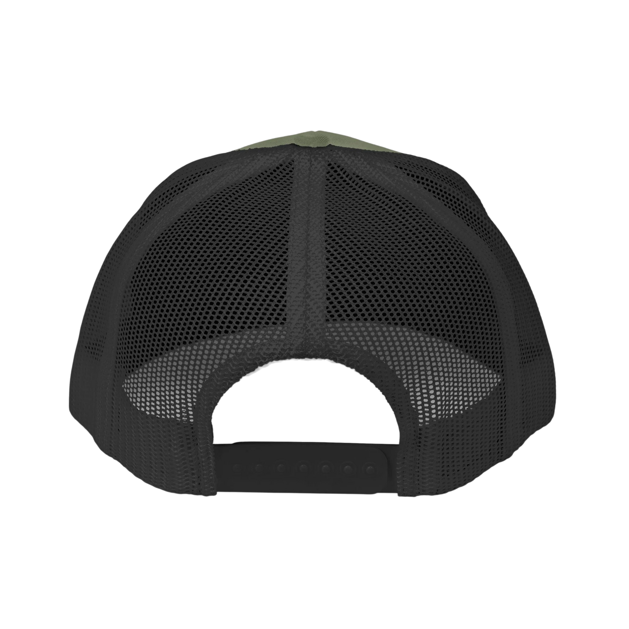 DailyThreadCo. Deadweight skull trucker cap with olive green front and black breathable mesh back with snap closure.
