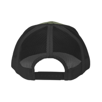 DailyThreadCo. Deadweight skull trucker cap with olive green front and black breathable mesh back with snap closure.