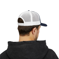 DailyThreadCo. Deadweight skull trucker cap with white mesh back, navy front, and adjustable snapback closure.