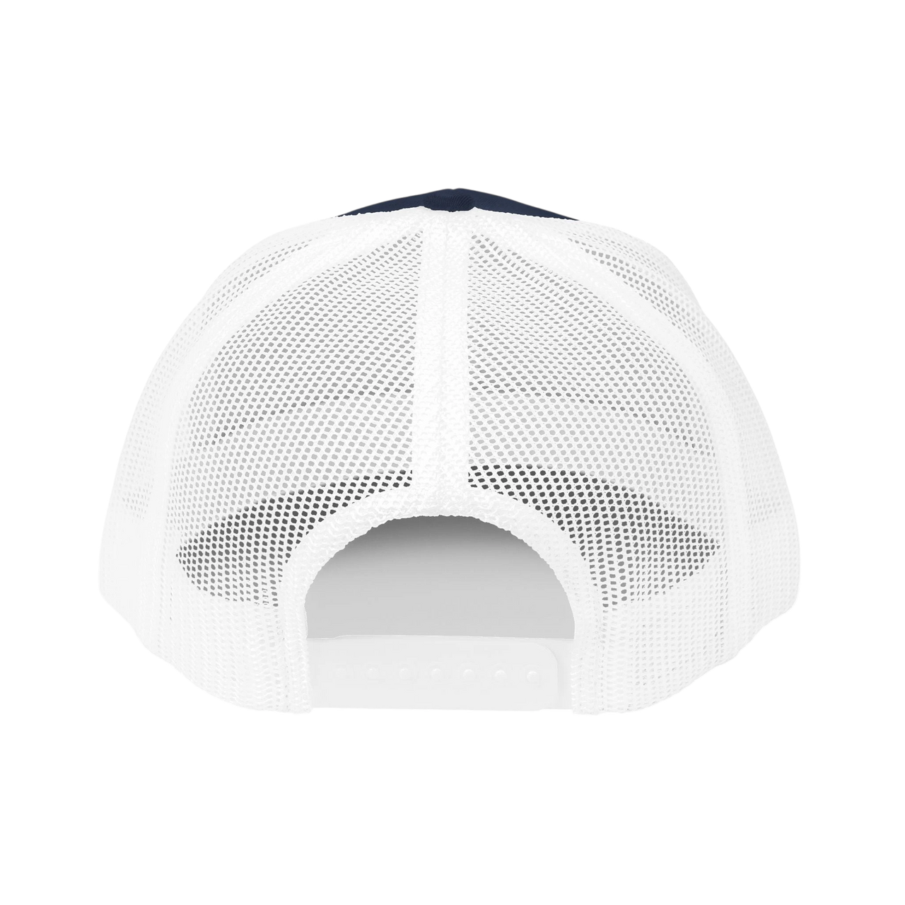 DailyThreadCo. Deadweight skull trucker cap with white mesh back, adjustable snapback closure, and navy front panel.