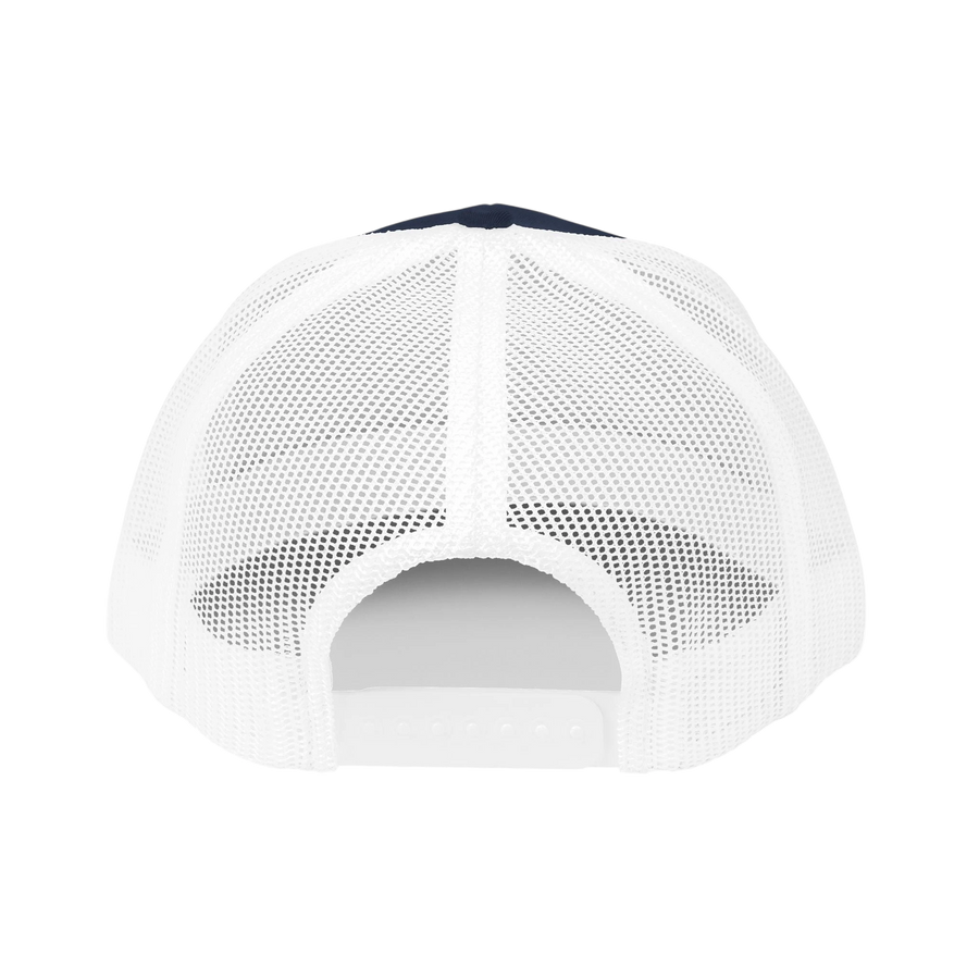 DailyThreadCo. Deadweight skull trucker cap with white mesh back, adjustable snapback closure, and navy front panel.