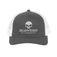 DailyThreadCo. grey and white trucker cap with embroidered skull logo and Deadweight text for gym and fitness.