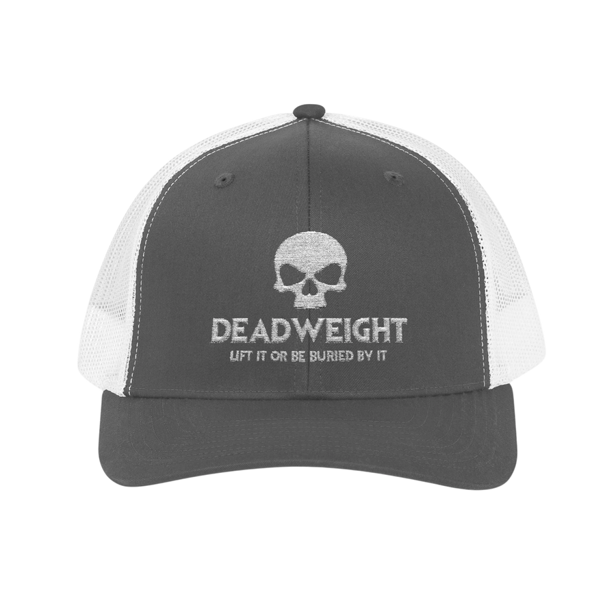 DailyThreadCo. grey and white trucker cap with embroidered skull logo and Deadweight text for gym and fitness.