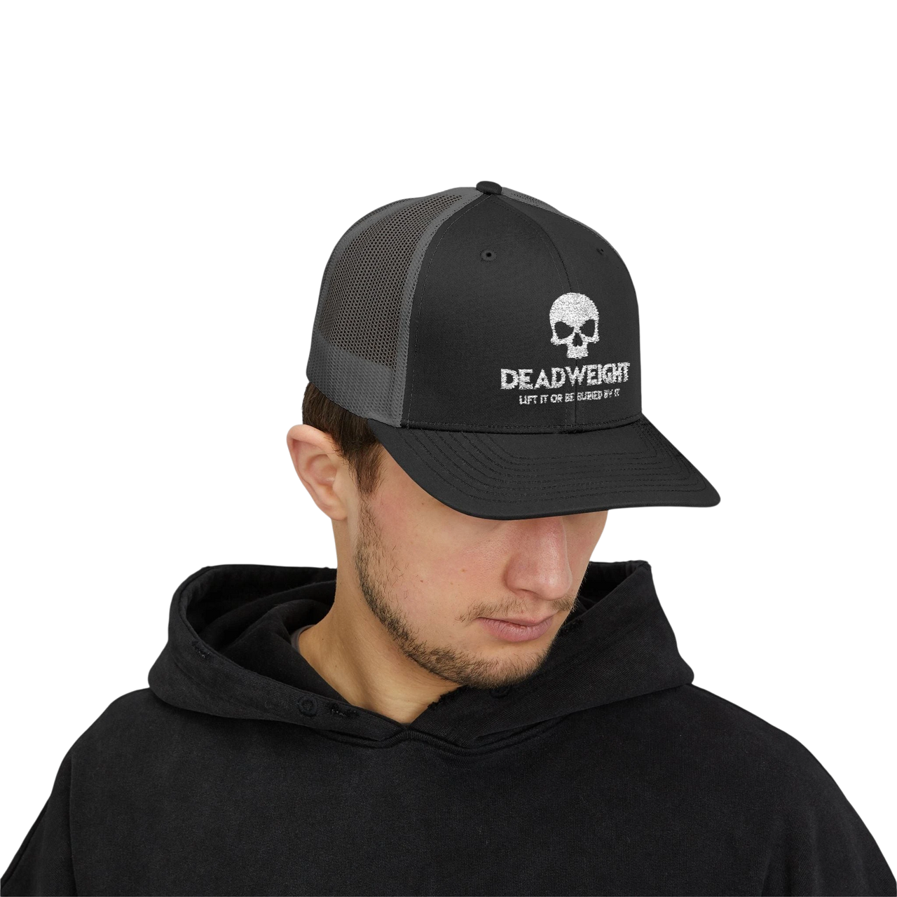 DailyThreadCo. black and grey trucker cap with skull logo, worn by a man in a black hoodie for gym or casual wear.
