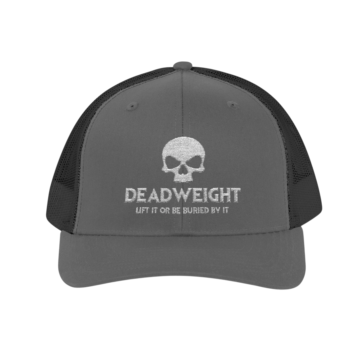 DailyThreadCo. grey and black trucker cap with white embroidered skull logo and Deadweight fitness text.