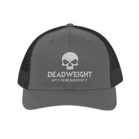 DailyThreadCo. grey and black trucker cap with white embroidered skull logo and Deadweight fitness text.