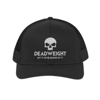 DailyThreadCo. black trucker cap with white embroidered skull logo and Deadweight text for gym and fitness training.