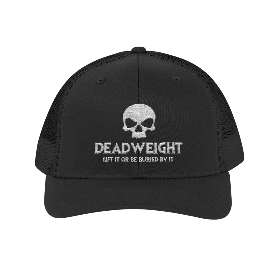 DailyThreadCo. black trucker cap with white embroidered skull logo and Deadweight text for gym and fitness training.