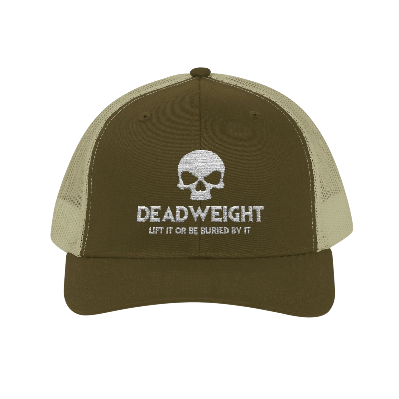 DailyThreadCo. olive green and khaki trucker cap with white embroidered skull logo and Deadweight fitness text.