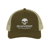 DailyThreadCo. olive green and khaki trucker cap with white embroidered skull logo and Deadweight fitness text.
