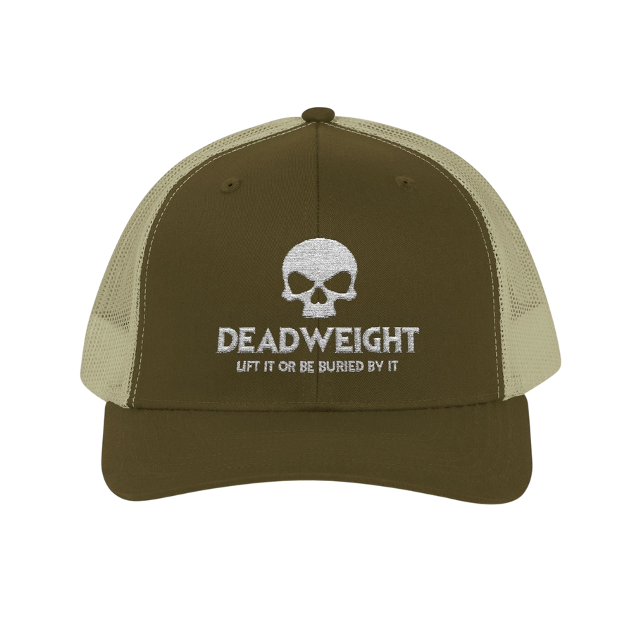 DailyThreadCo. olive green and khaki trucker cap with white embroidered skull logo and Deadweight fitness text.