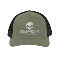 DailyThreadCo. olive green and black trucker cap with white embroidered skull logo and Deadweight text.