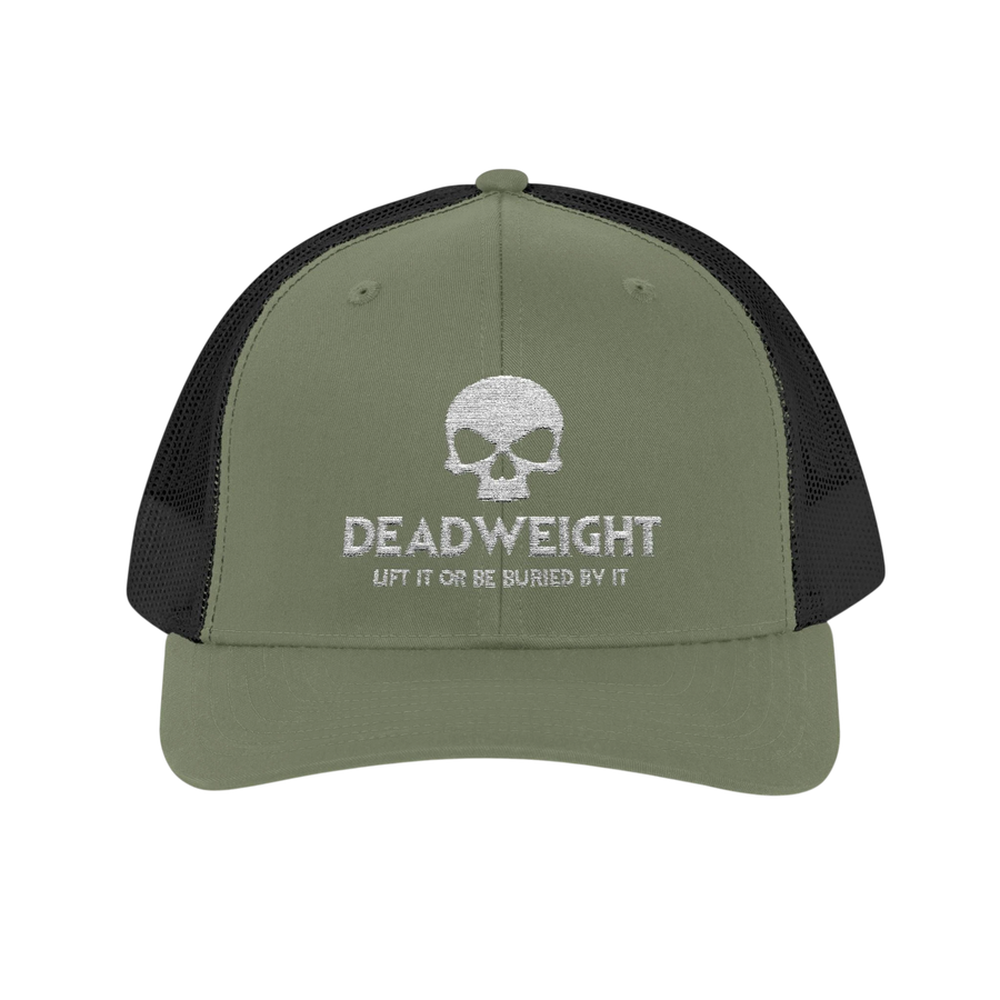 DailyThreadCo. olive green and black trucker cap with white embroidered skull logo and Deadweight text.