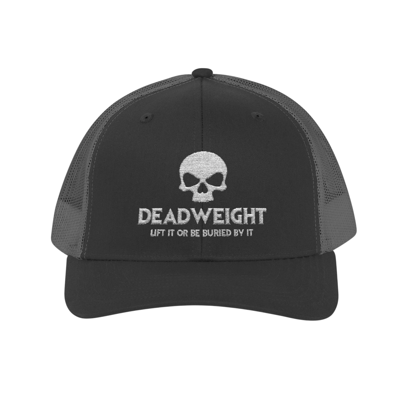 DailyThreadCo. charcoal grey trucker cap with white embroidered skull logo and Deadweight fitness text.