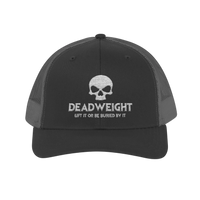 DailyThreadCo. charcoal grey trucker cap with white embroidered skull logo and Deadweight fitness text.