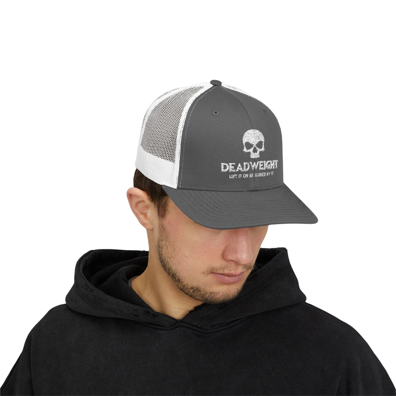 DailyThreadCo. grey and white trucker cap with Deadweight skull logo, featuring a mesh back and adjustable snapback.