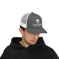 DailyThreadCo. grey and white trucker cap with Deadweight skull logo, featuring a mesh back and adjustable snapback.