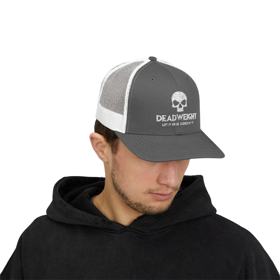 DailyThreadCo. grey and white trucker cap with Deadweight skull logo, featuring a mesh back and adjustable snapback.