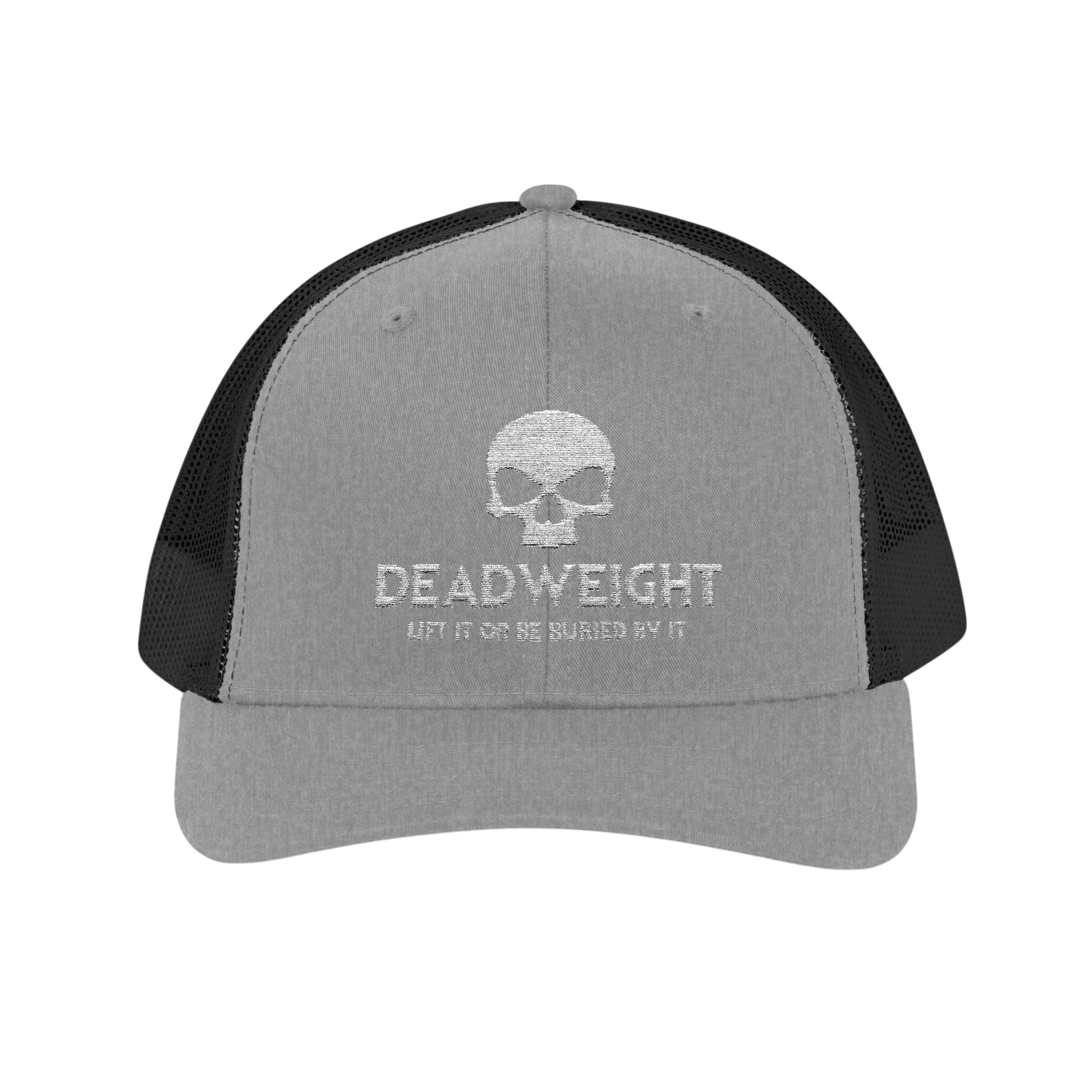 DailyThreadCo. grey and black trucker cap with embroidered skull logo and Deadweight text for gym and weightlifting.