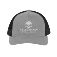 DailyThreadCo. grey and black trucker cap with embroidered skull logo and Deadweight text for gym and weightlifting.