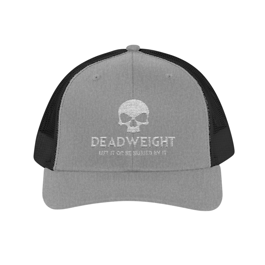DailyThreadCo. grey and black trucker cap with embroidered skull logo and Deadweight text for gym and weightlifting.