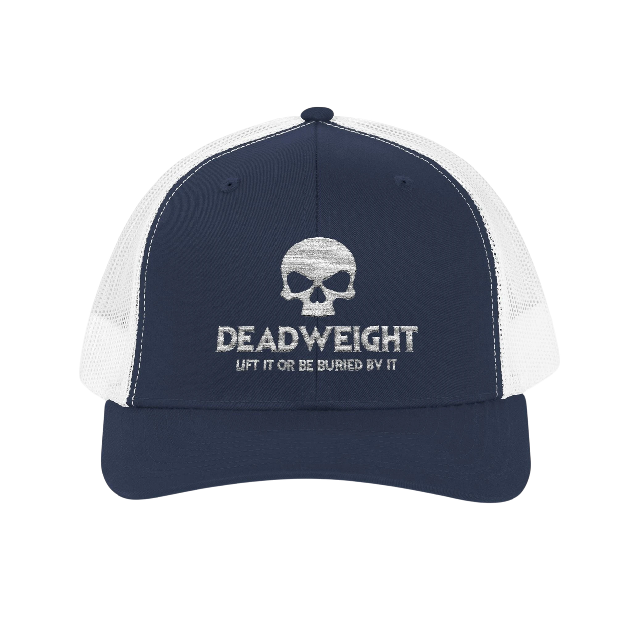DailyThreadCo. navy and white trucker cap with embroidered skull logo and Deadweight text for fitness training.