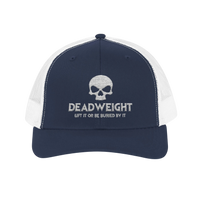 DailyThreadCo. navy and white trucker cap with embroidered skull logo and Deadweight text for fitness training.
