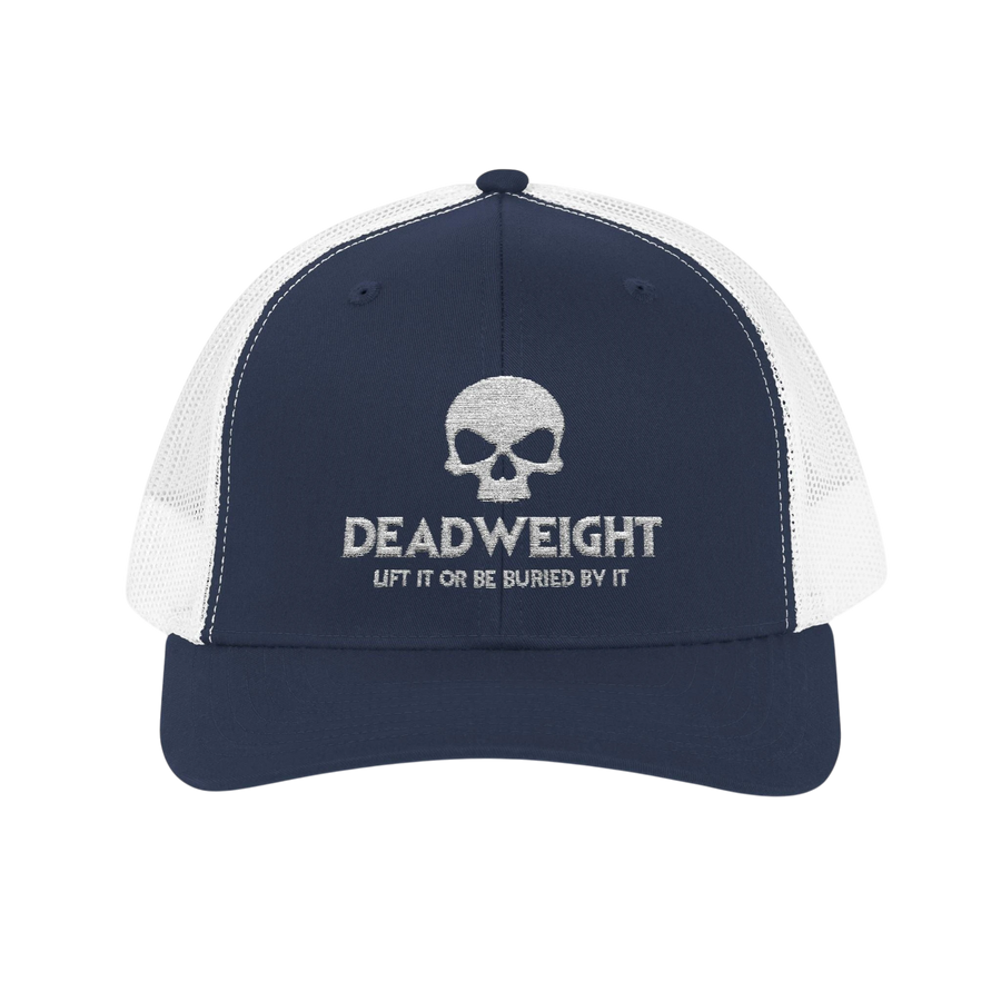 DailyThreadCo. navy and white trucker cap with embroidered skull logo and Deadweight text for fitness training.