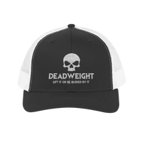 DailyThreadCo. black and white trucker cap with embroidered skull logo and Deadweight text, featuring mesh back.