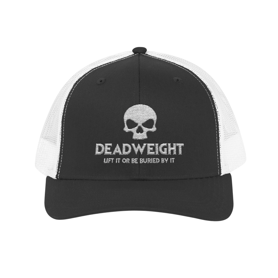 DailyThreadCo. black and white trucker cap with embroidered skull logo and Deadweight text, featuring mesh back.