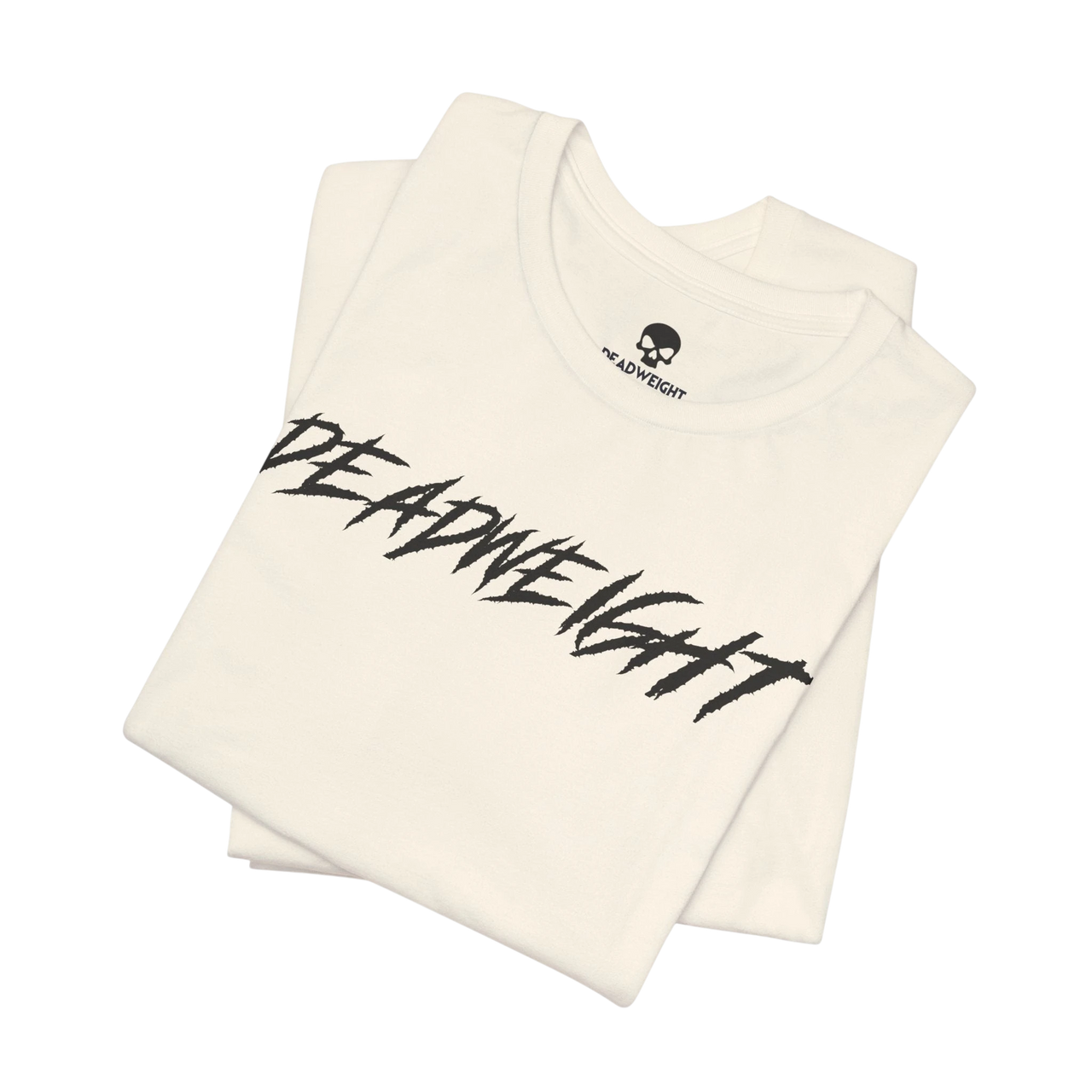 DailyThreadCo. white crew-neck gym t-shirt with black jagged DEADWEIGHT graphic print on chest, folded flat.
