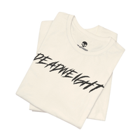 DailyThreadCo. white crew-neck gym t-shirt with black jagged DEADWEIGHT graphic print on chest, folded flat.